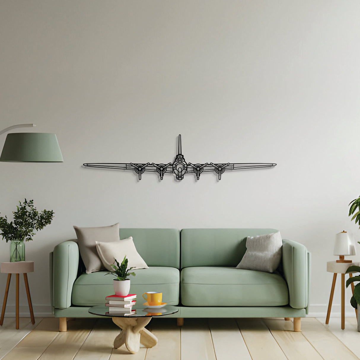 Heavy bomber B-17 Flying Fortress metal wall art – sleek front profile, laser-cut 2 mm steel, floats off wall for dimensional appeal