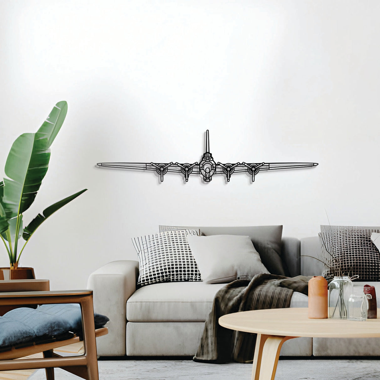 Iconic WWII B-17 Flying Fortress bomber silhouette – elevated 1 cm from wall with screws for a 3D stylistic look