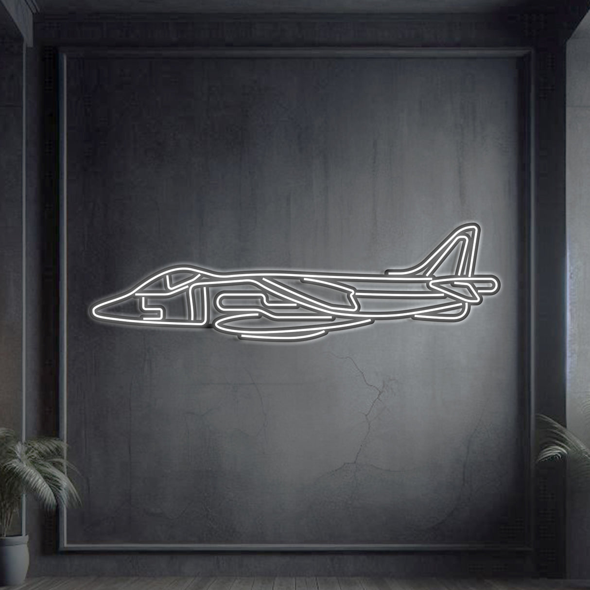 Harrier GR7 V/STOL jump jet neon silhouette wall art, laser‑cut steel with glowing neon outline and dynamic 3D elevation