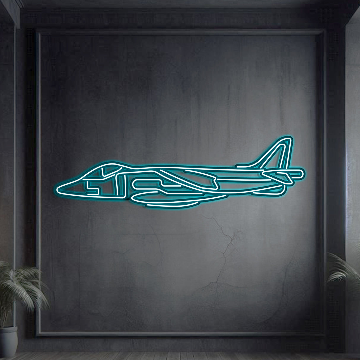 Neon‑lit Harrier GR7 silhouette wall art, textured steel with floating neon frame for immersive 3D depth and shadow play