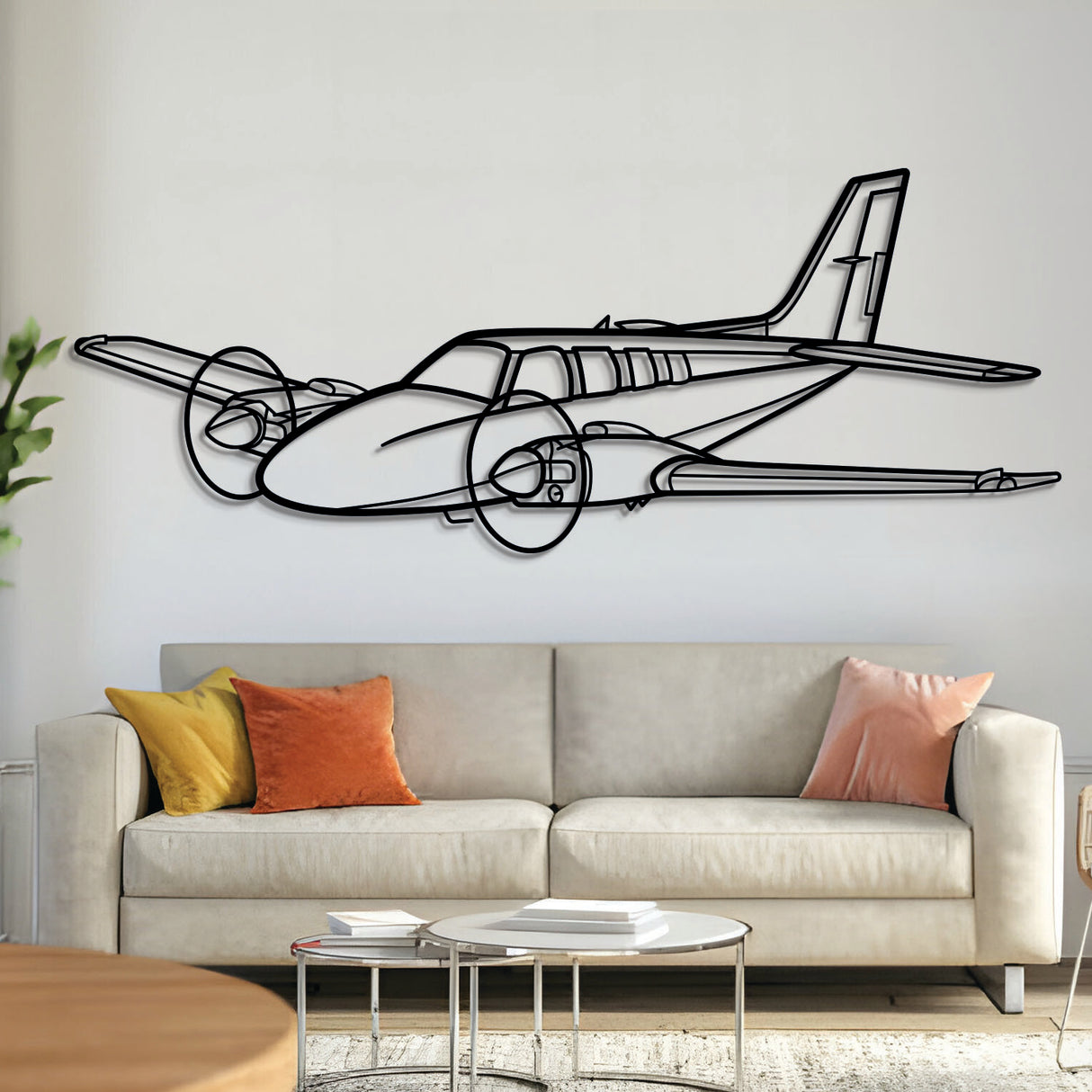 Beechcraft Baron 58 light twin aircraft silhouette — laser-cut black metal wall art with subtle floating effect