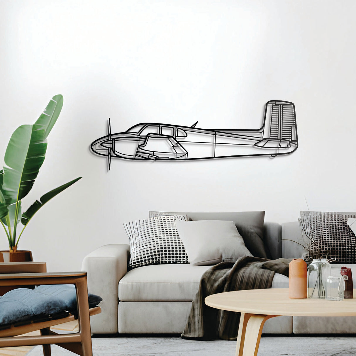 Twin Bonanza wall décor – elevated 1 cm from wall using elevation screws for a striking 3D shadow of this classic 1950s twin‑engine utility aircraft