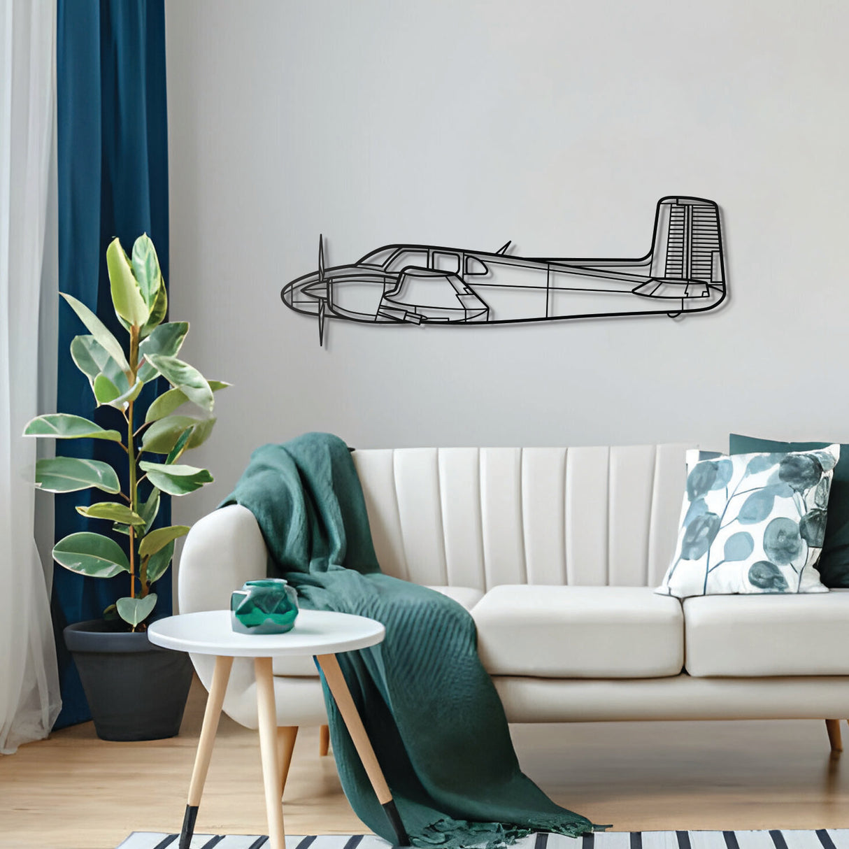Twin Bonanza metal wall decor – precision laser‑cut profile floating slightly off the wall for dimensional appeal, honoring the aircraft that bridged the gap between Bonanza and Queen Air