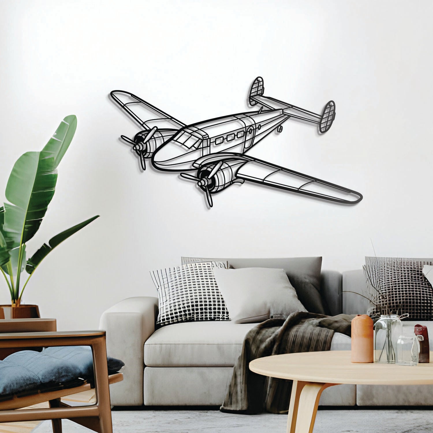 Model 18 wall décor – elevated slightly off the wall with spacers to create a striking 3D shadow effect of this classic 1937 low‑wing taildragger
