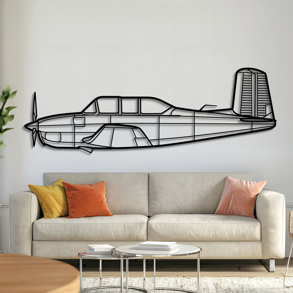 T‑34A Mentor military trainer aircraft wall art, laser‑cut 2 mm textured steel with matte finish