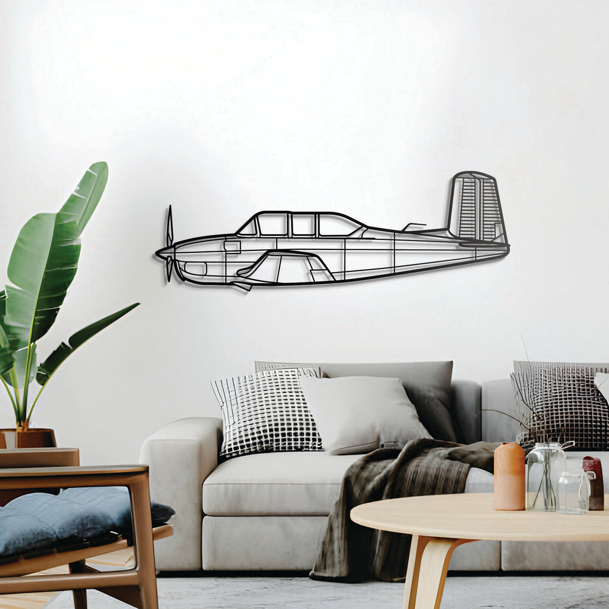 T‑34A Mentor two‑seat trainer silhouette, elevated 1 cm from wall, ready‑to‑hang décor