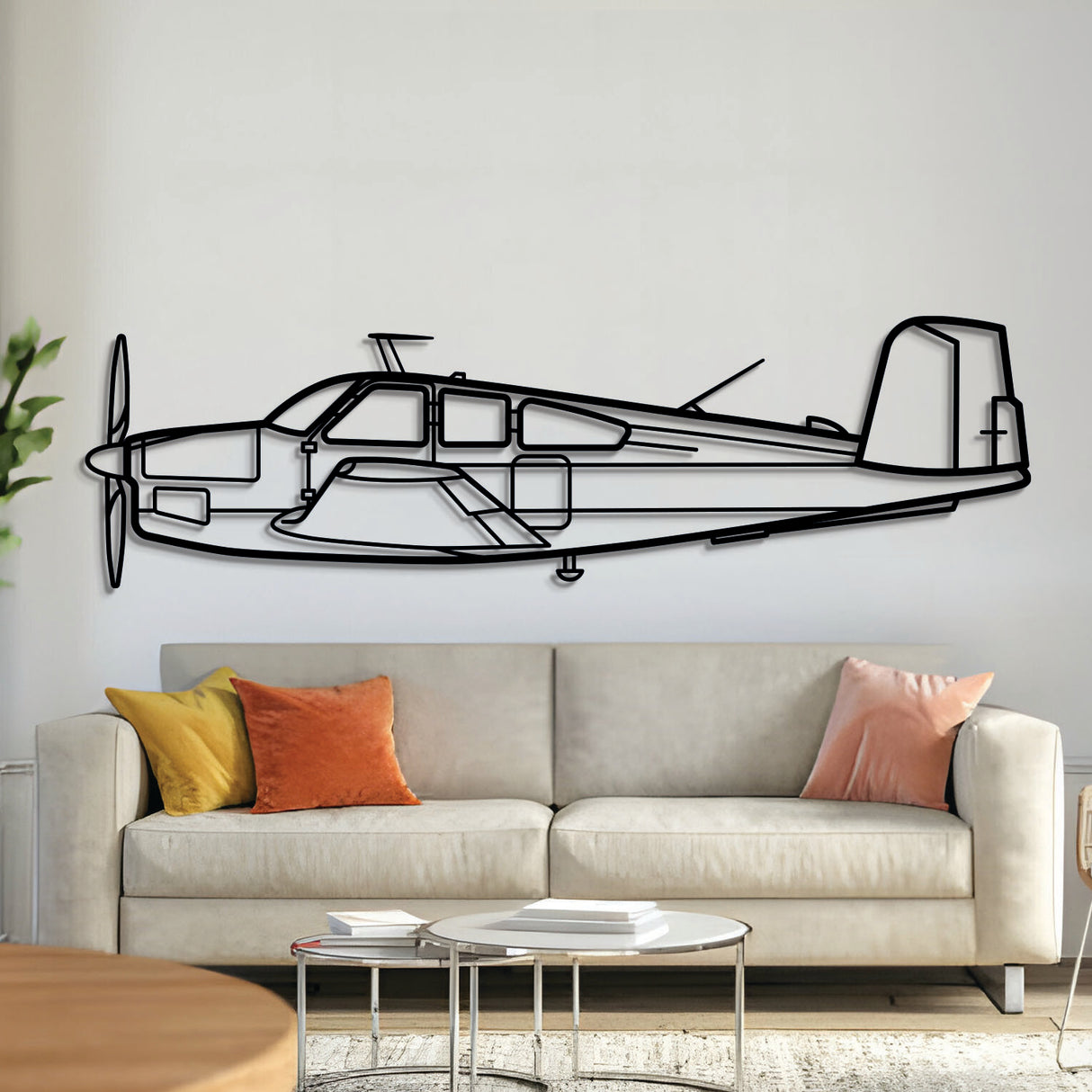 Beechcraft V35 Bonanza single-engine light aircraft metal wall art – laser-cut matte black steel silhouette with floating 3D effect