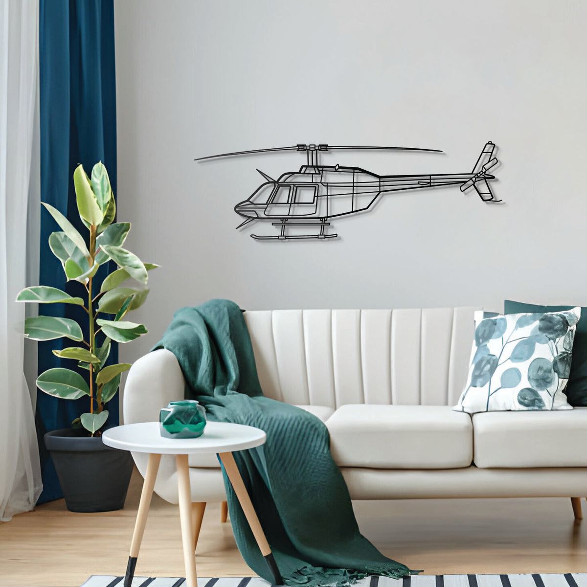 Bell 206B‑3 JetRanger III helicopter wall decor – precision laser‑cut profile, floats slightly off wall for dimensional appeal