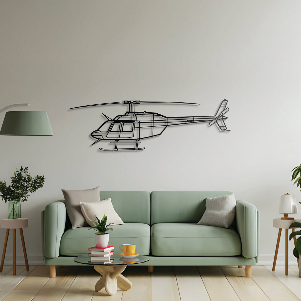 Sleek Bell 206B JetRanger III metal wall art – powder‑coated matte finish that blends seamlessly with contemporary interiors