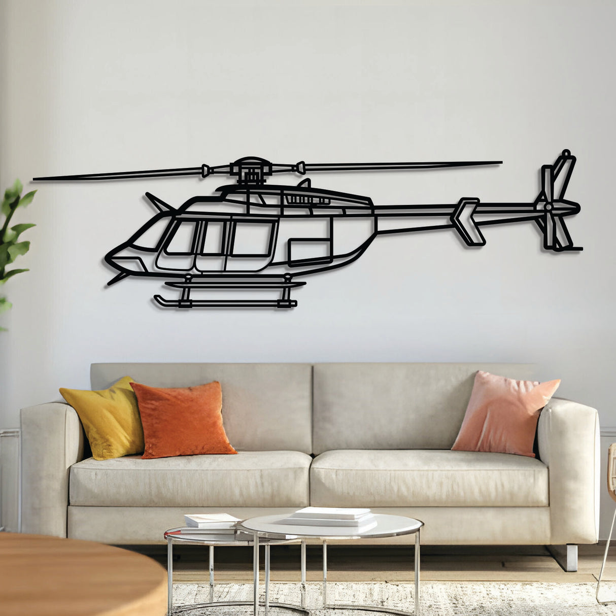Bell 407GX top‑view helicopter wall art, laser‑cut 2 mm steel with matte textured finish and dramatic 3D elevation