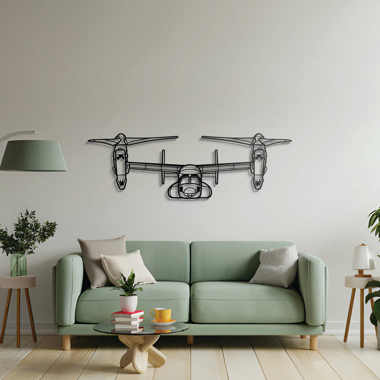 MV‑22 Osprey front-profile tiltrotor metal art, laser‑cut steel ready‑to‑hang décor for living spaces