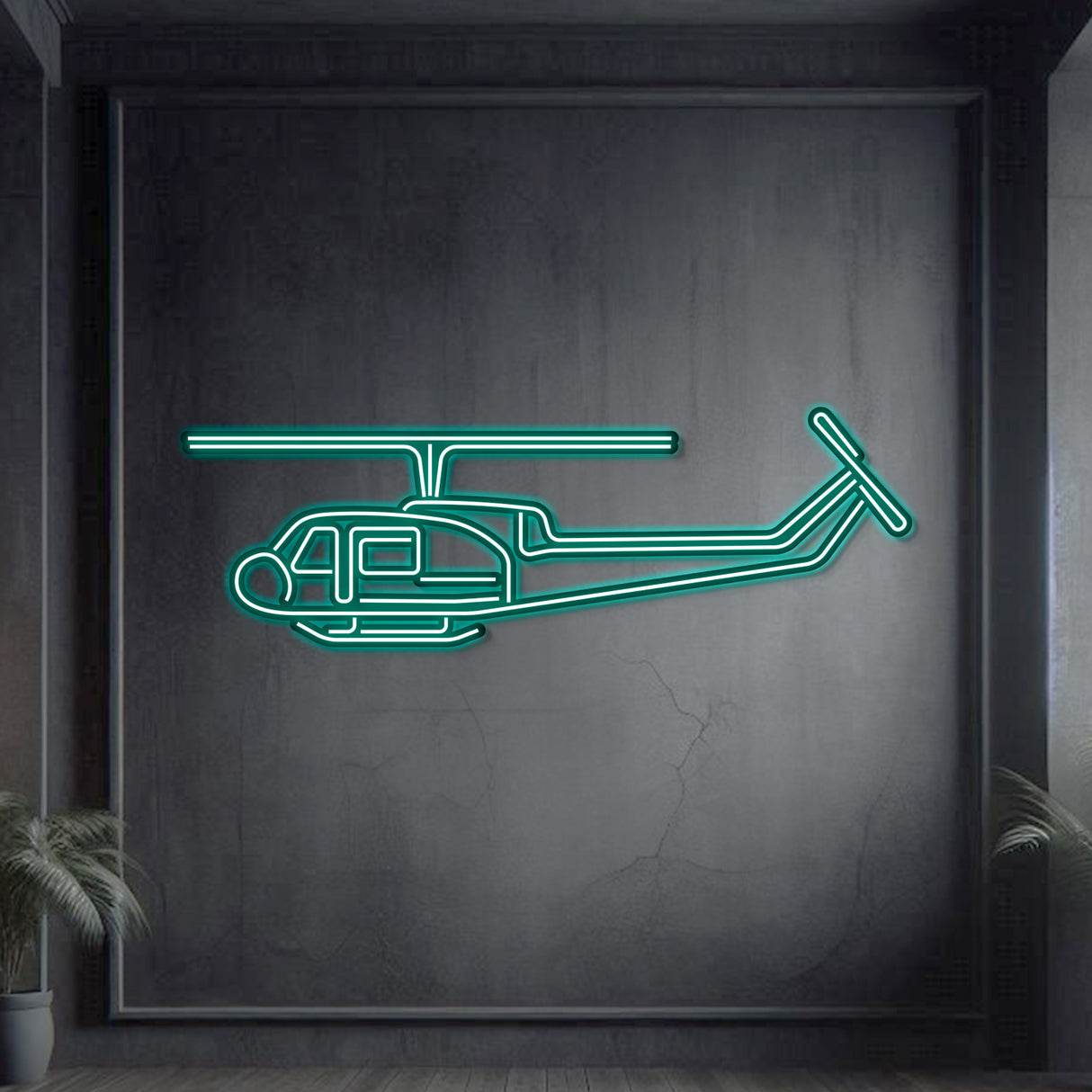 Neon-lit UH‑1 silhouette wall art, textured steel with floating neon frame creating impactful 3D depth and shadow