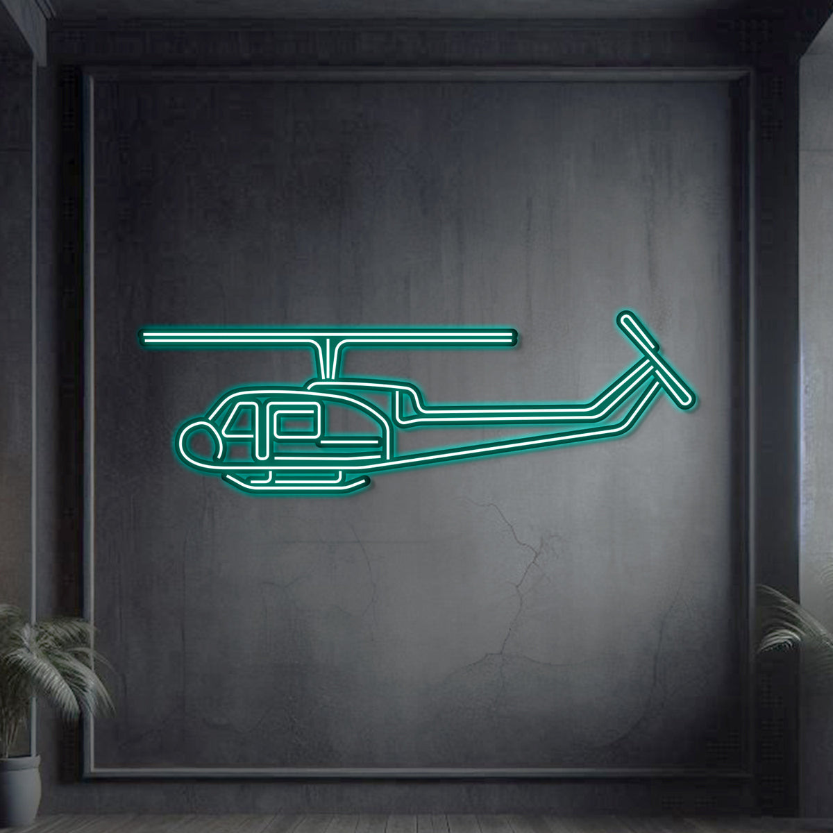 Neon-lit UH‑1 silhouette wall art, textured steel with floating neon frame creating impactful 3D depth and shadow