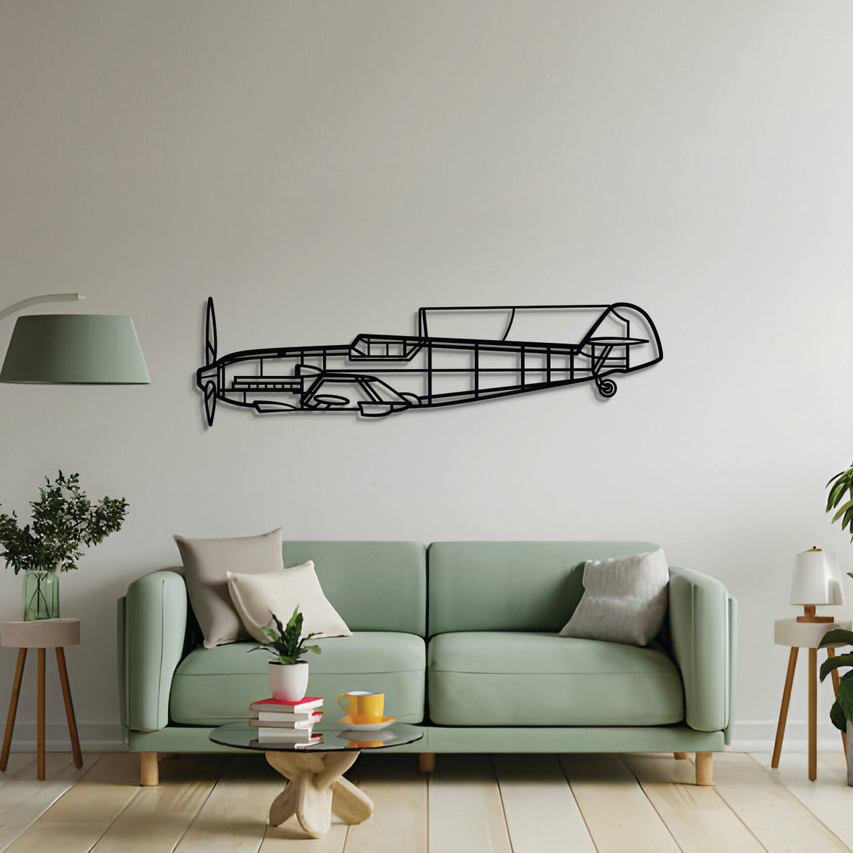 2 mm steel Bf 109E‑3 wall art, laser‑cut matte finish, floats ~1 cm off wall for striking 3D effect