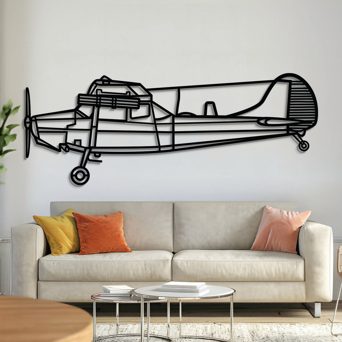 Cessna Bird Dog L‑19/O‑1E liaison aircraft silhouette wall art, laser‑cut 2 mm steel with textured matte finish and 3D elevation