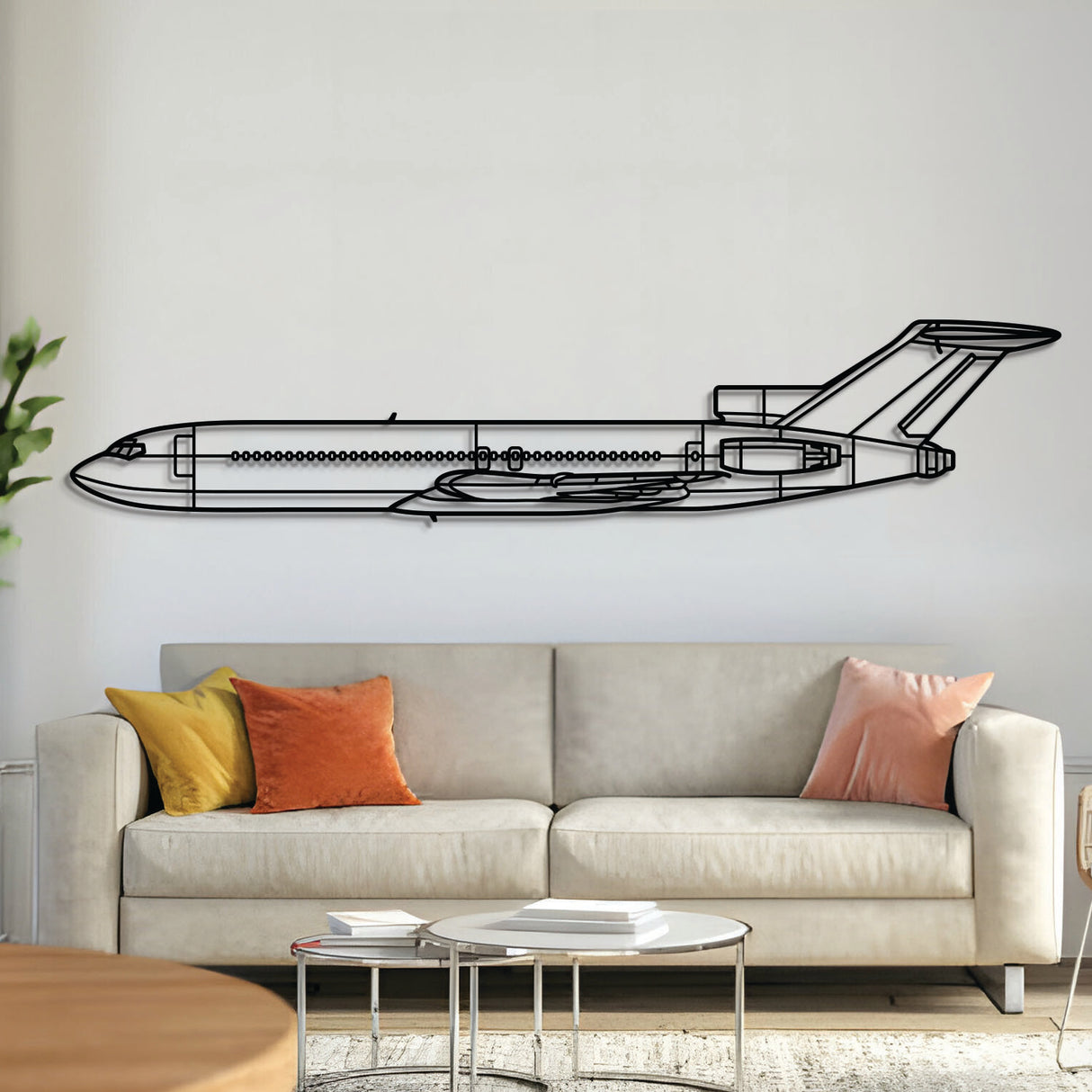 Boeing 727 silhouette — laser-cut black metal wall art with subtle floating effect
