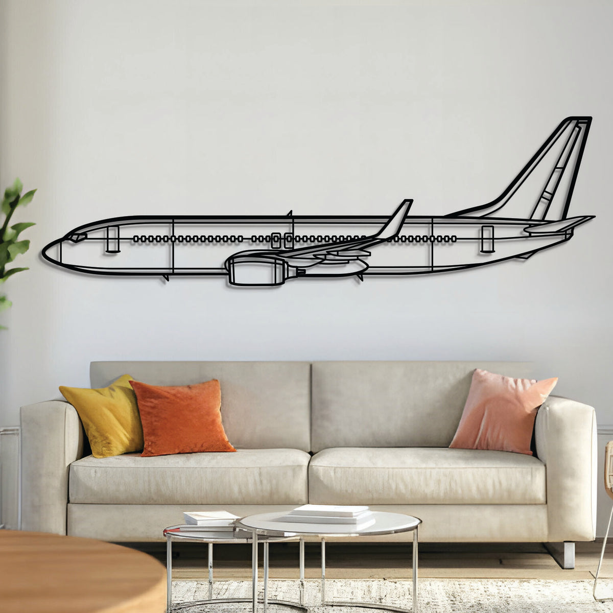 Boeing 737-800 silhouette — laser-cut black metal wall art with subtle floating effect