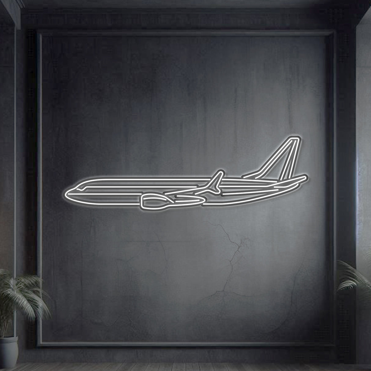 737 neon aircraft wall art, laser-cut 2 mm steel with matte powder coat and floating 3D effect