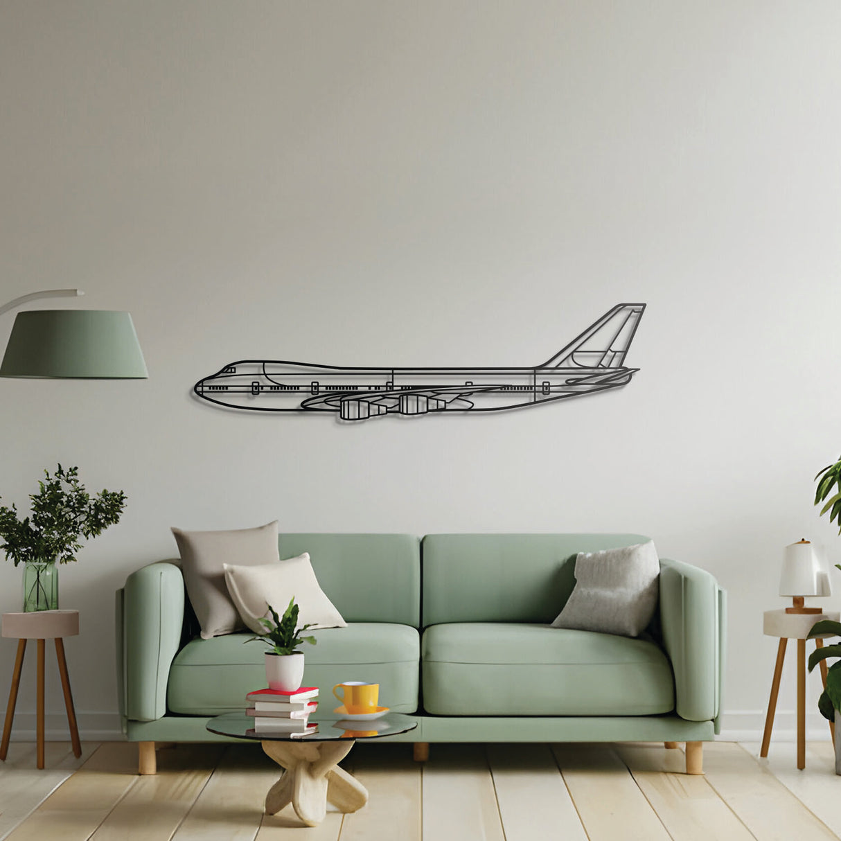 Boeing 747-200B metal silhouette art, laser-cut matte steel, seamless aviation décor for living spaces