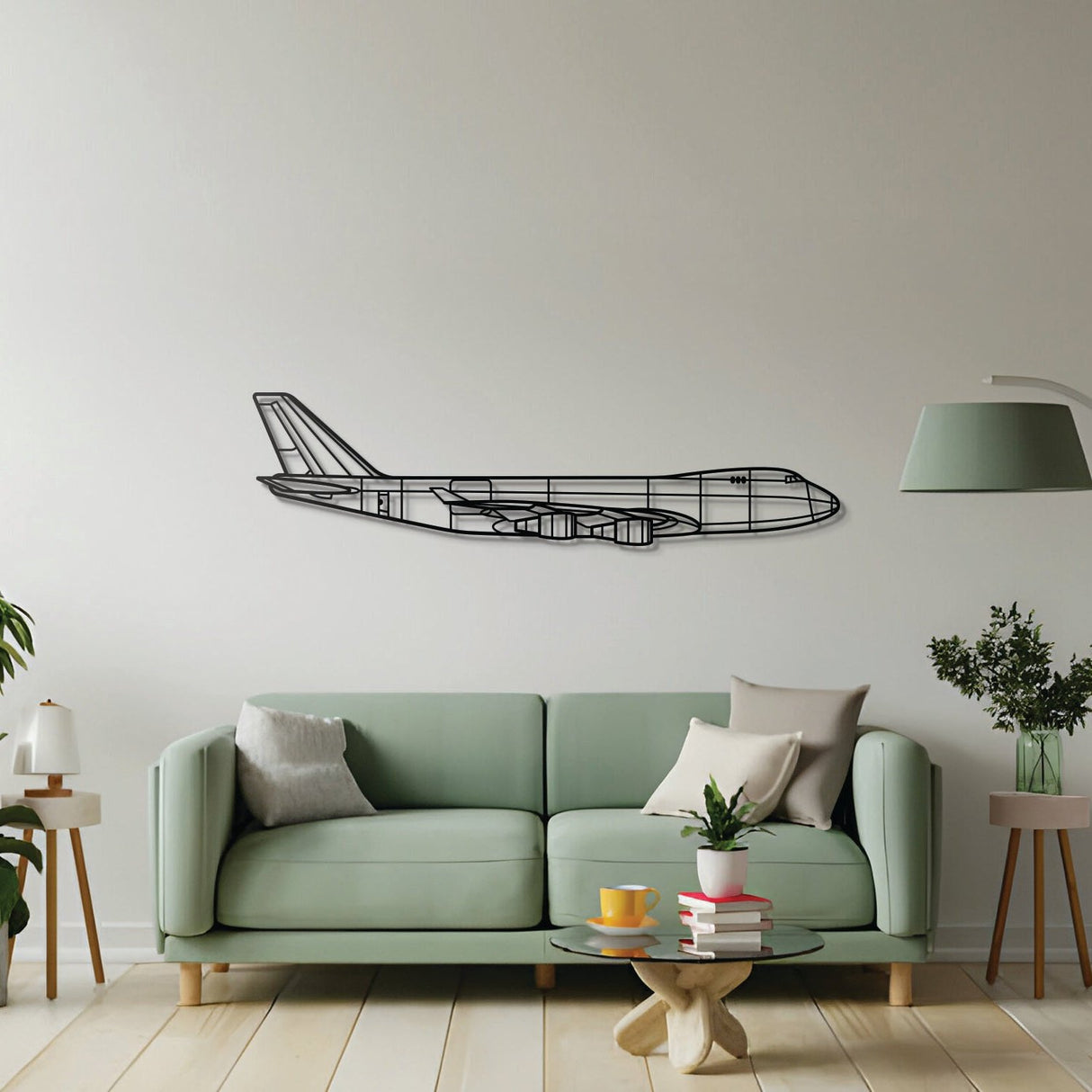 747-400F aircraft wall décor in matte powder-coated steel, styled for modern aviation interiors