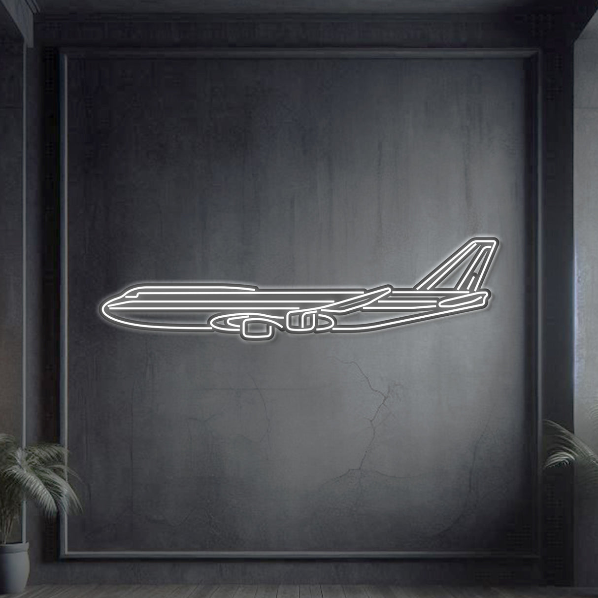 747-8 neon aircraft wall art, laser-cut 2 mm steel with matte powder coat and floating 3D effect