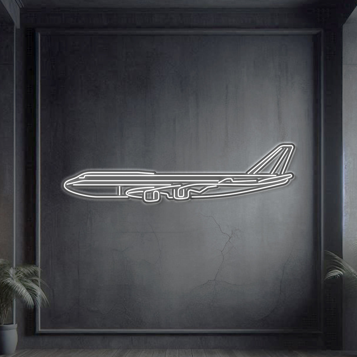 747-800 metal neon wall art, laser-cut 2 mm steel with matte powder coat and floating 3D effect