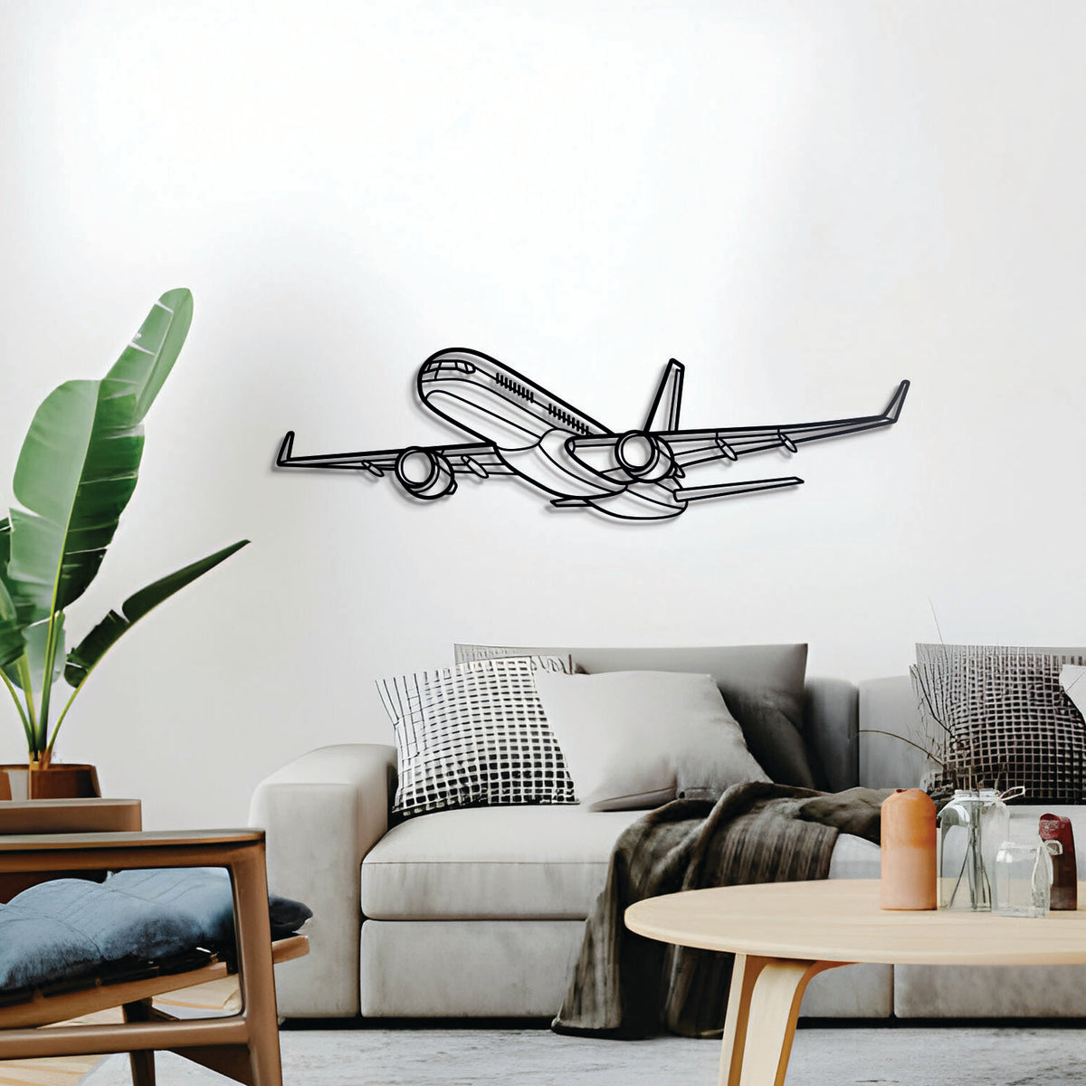 757‑200 angled profile wall art — sleek 2 mm textured steel with subtle float mount