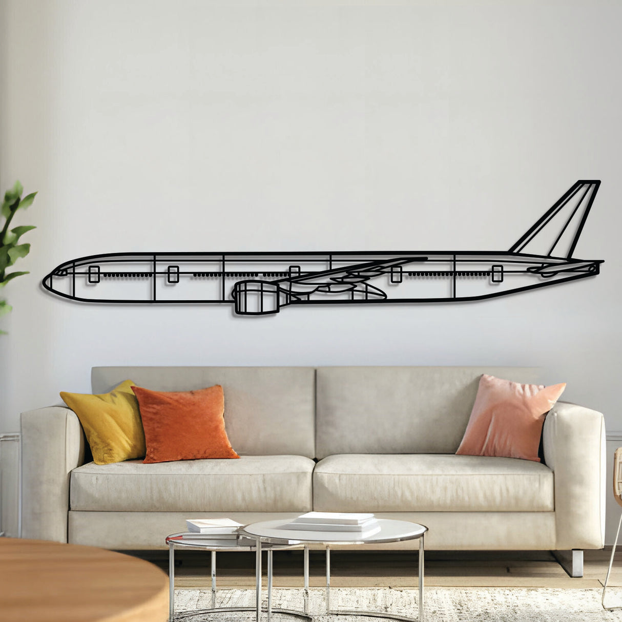 Boeing 777‑300ER angled silhouette — laser‑cut matte black steel wall art with floating 3D effect