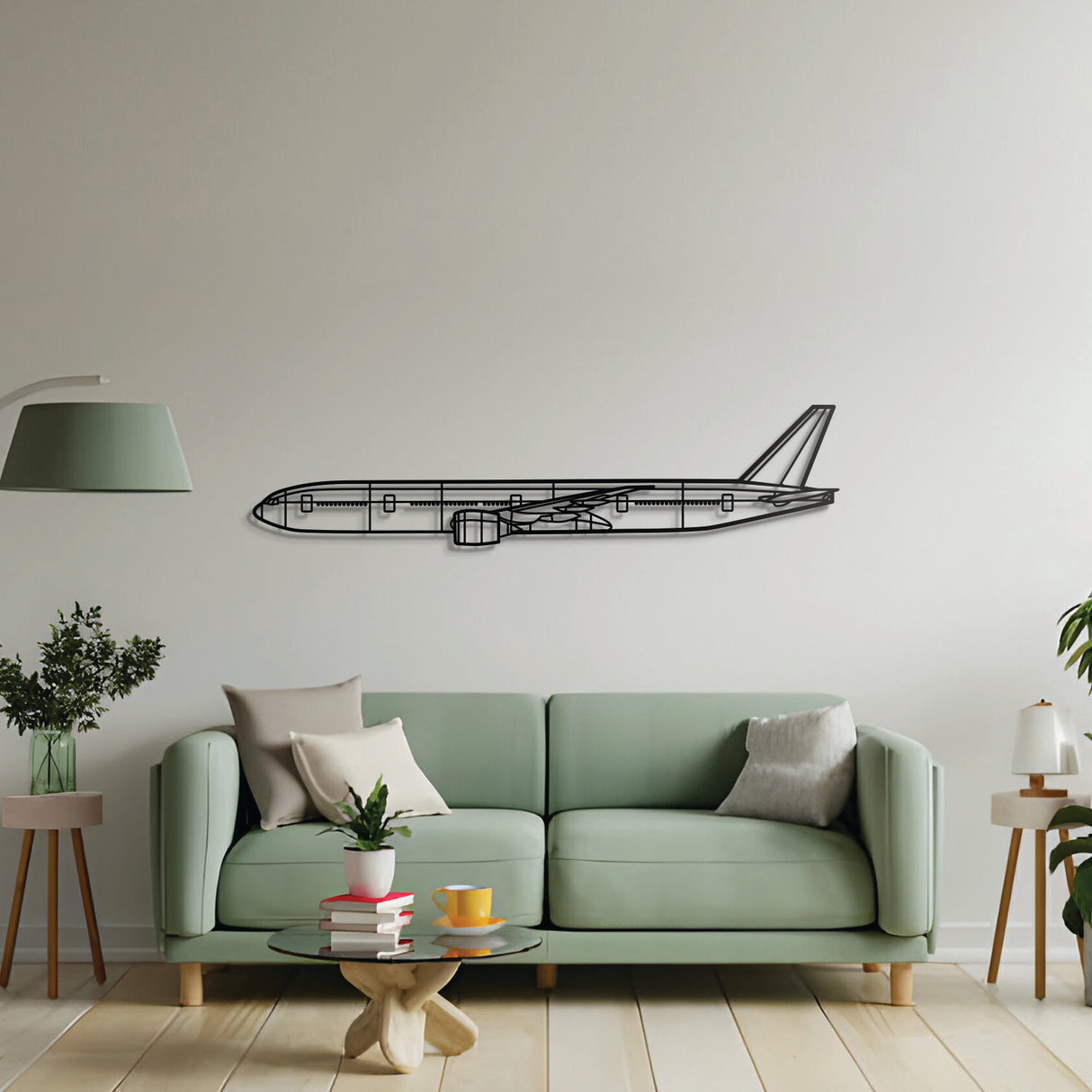 777‑300ER angled profile in textured powder‑coated steel — ready‑to‑hang aviation décor