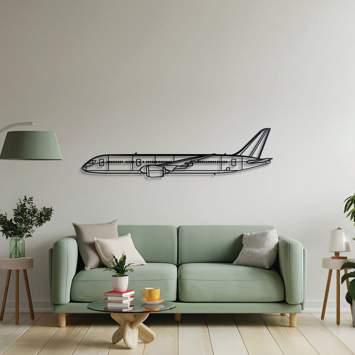 Minimalist 787 Dreamliner metal silhouette — subtly elevated off the wall for a 3D appearance