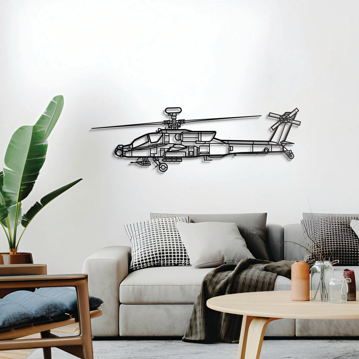 AH-64D Apache helicopter silhouette — powder-coated steel wall art with floating mount