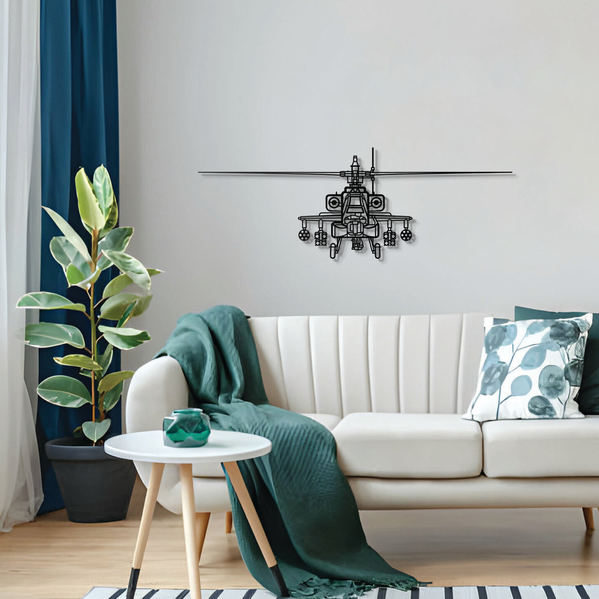 Minimalist AH-64D Apache helicopter metal art — elevated slightly off the wall for dimension