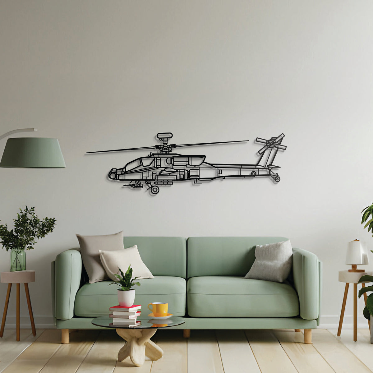 Apache AH-64D front view wall décor in textured matte steel for aviation-themed interiors
