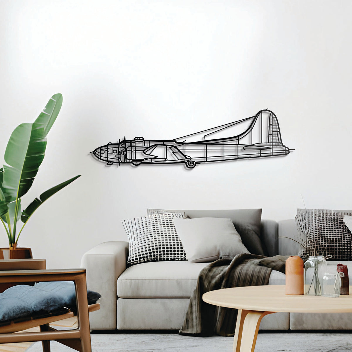 Minimalist B‑17 Flying Fortress metal art — slightly elevated off wall with spacers