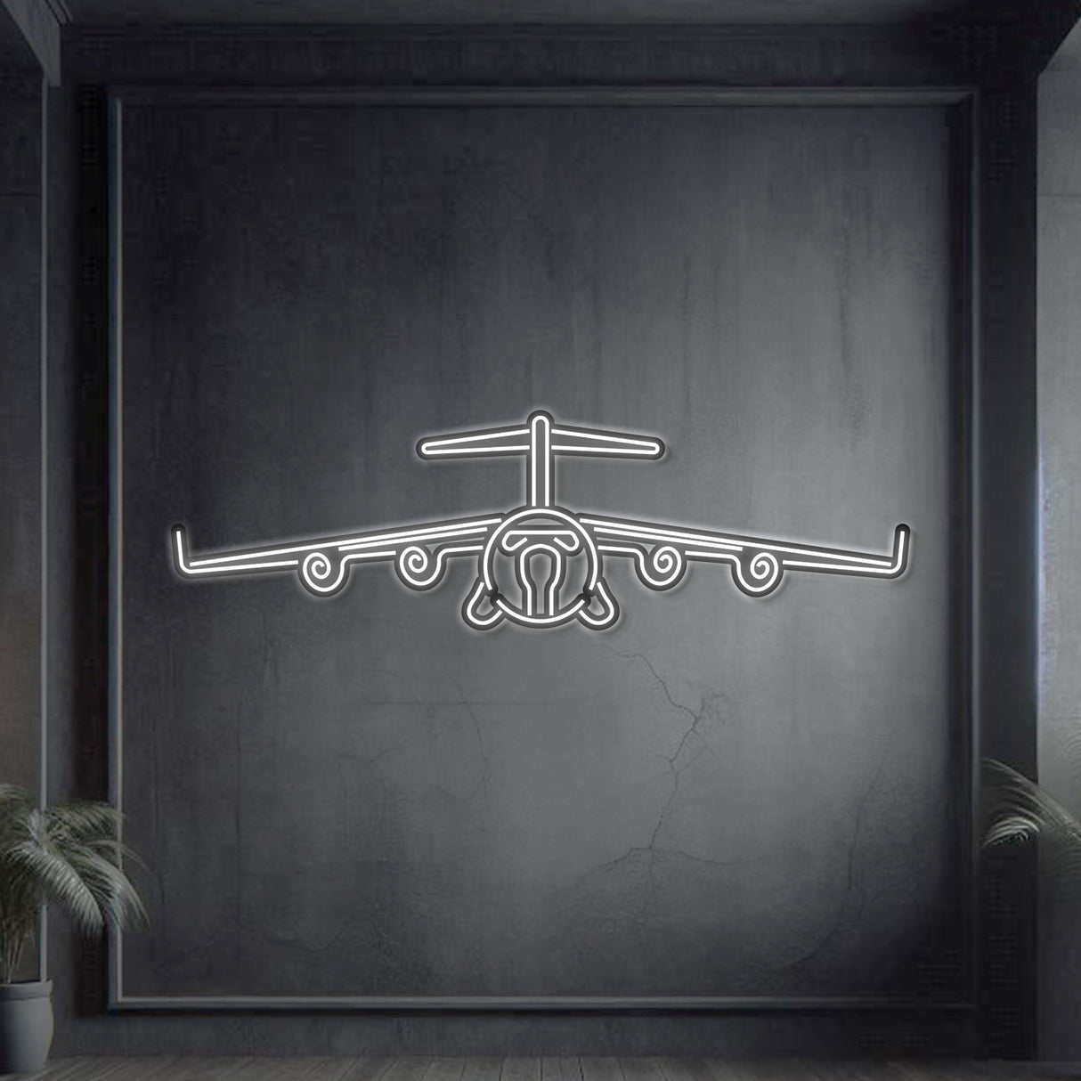 C‑17 Globemaster III front-view neon silhouette wall art, laser-cut steel showcasing broad high-wing stance, four turbofan engines, and glowing neon outline with sculptural 3D elevation