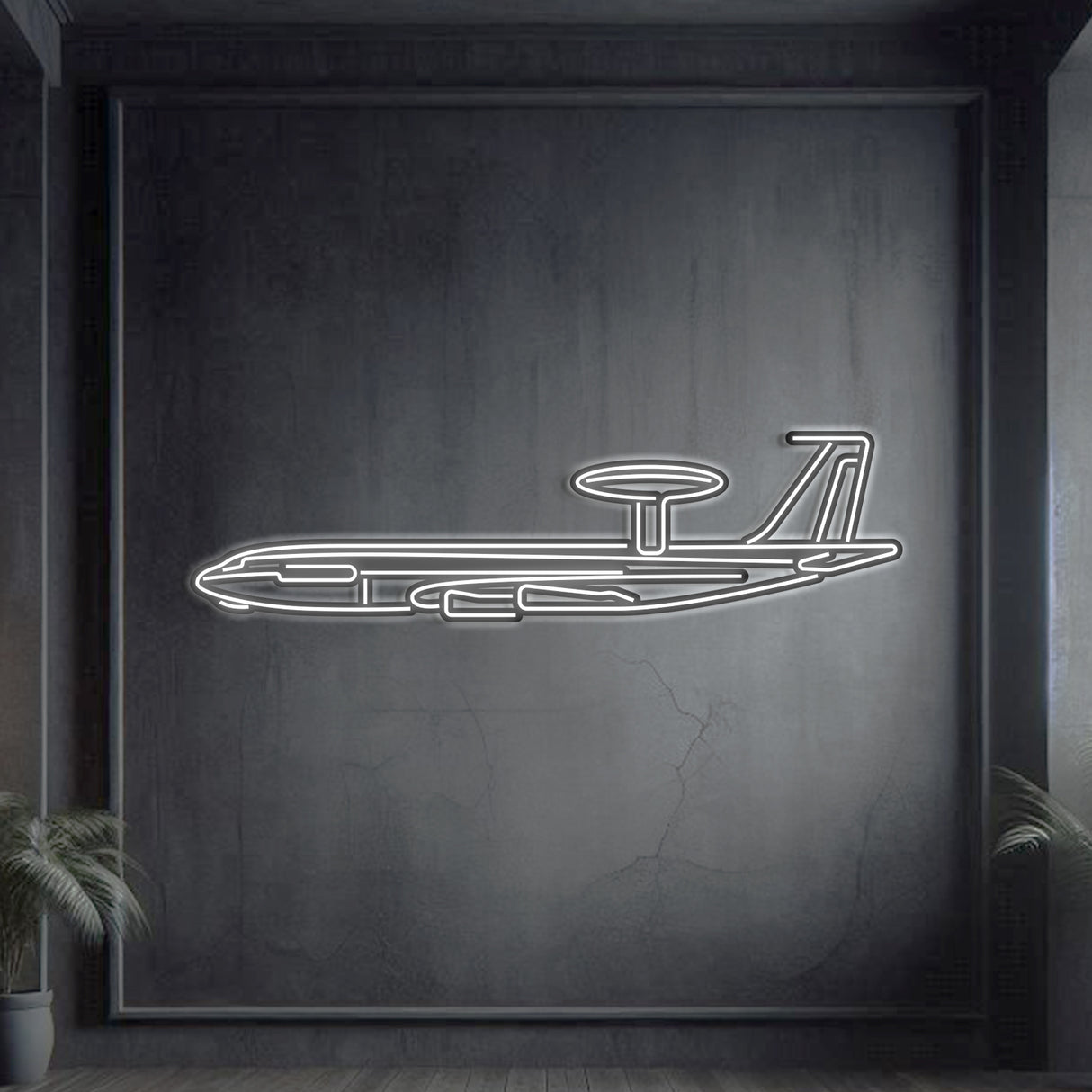 E‑3G Sentry AWACS front neon silhouette wall art, laser‑cut steel with distinctive radar dome and elevated 3D appeal