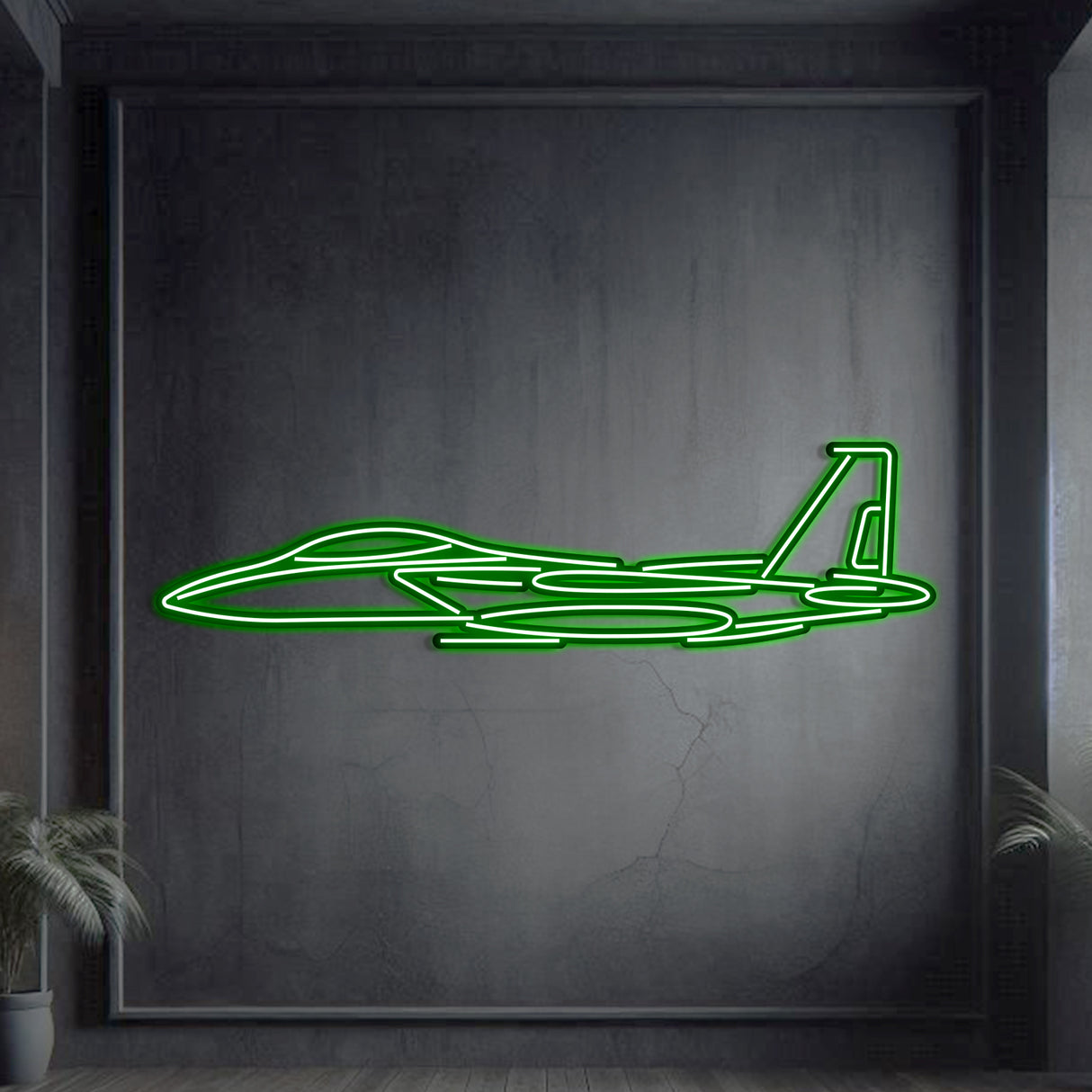 Neon‑lit F‑15 Strike Eagle silhouette wall art, textured matte steel with floating neon frame for immersive 3D depth