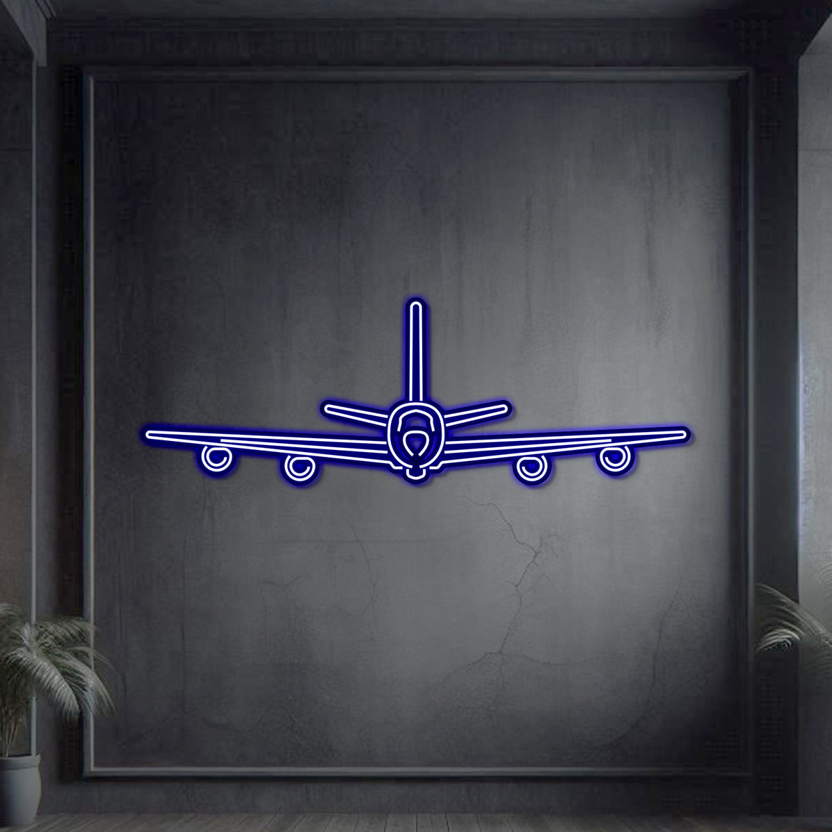 Neon-lit KC‑135 Stratotanker silhouette, textured steel with floating neon frame for striking 3D depth and shadow play
