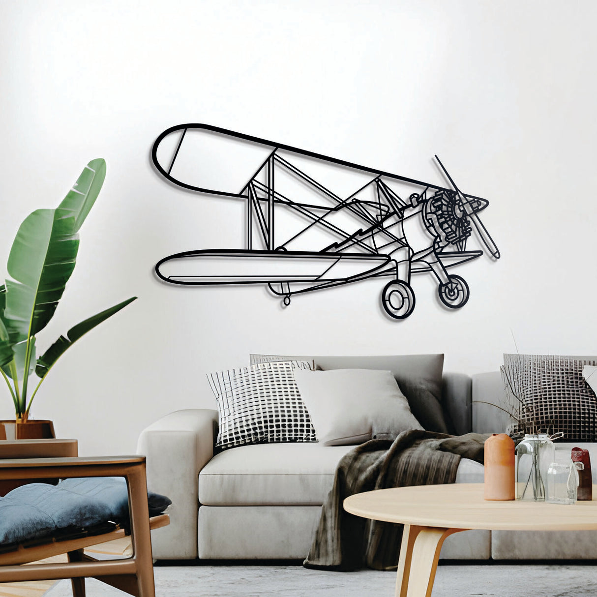 Stearman Model 75 biplane wall décor – sleek steel silhouette ideal for hangar, office, or living space