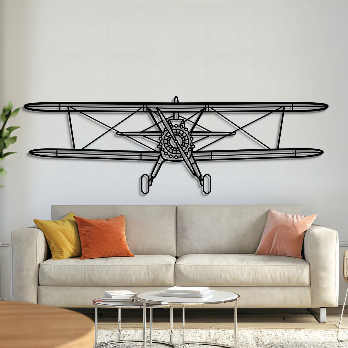 Stearman Model 75 biplane front-view metal wall art – laser-cut matte black steel silhouette