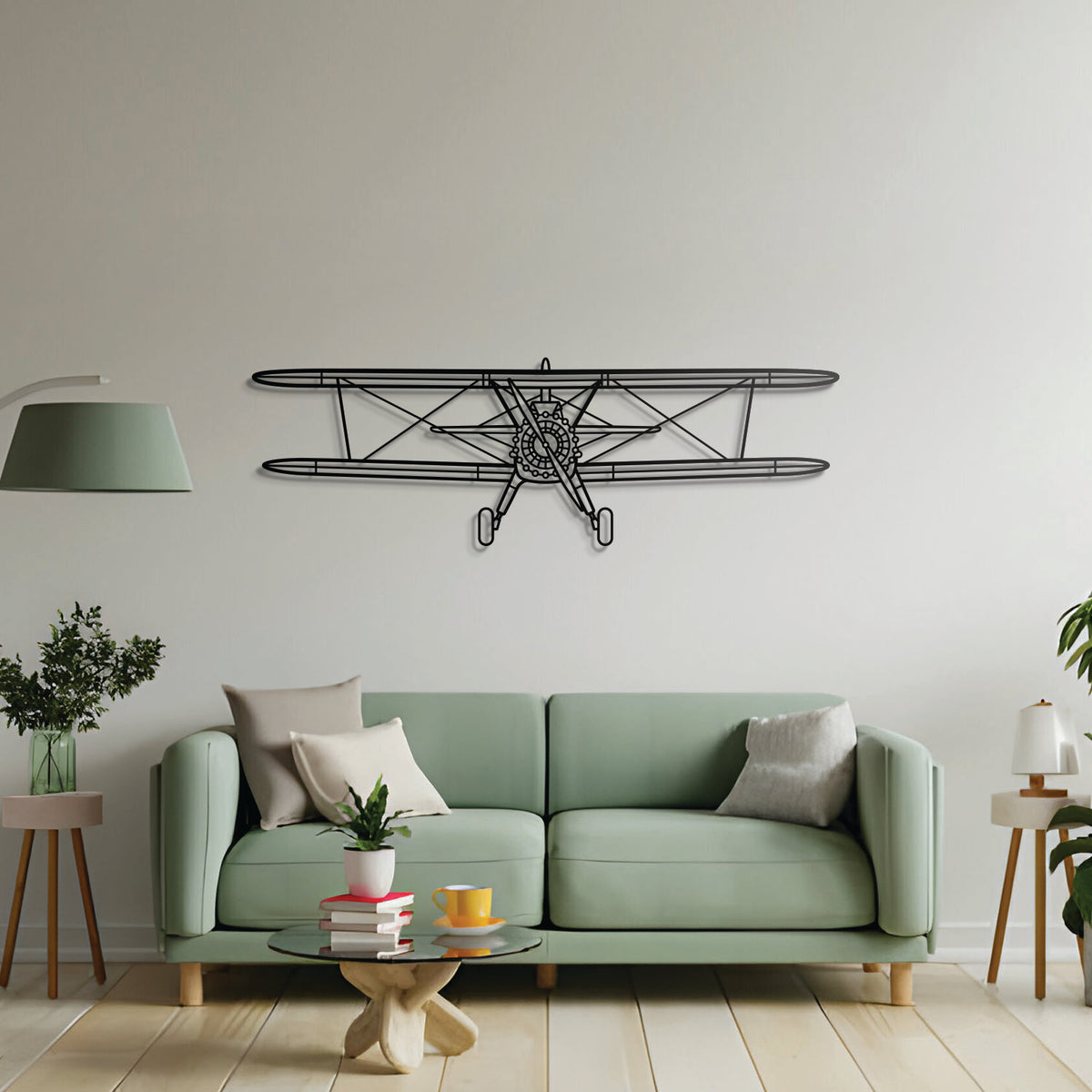 Model 75 Stearman biplane front silhouette wall piece – handcrafted matte-finish steel décor