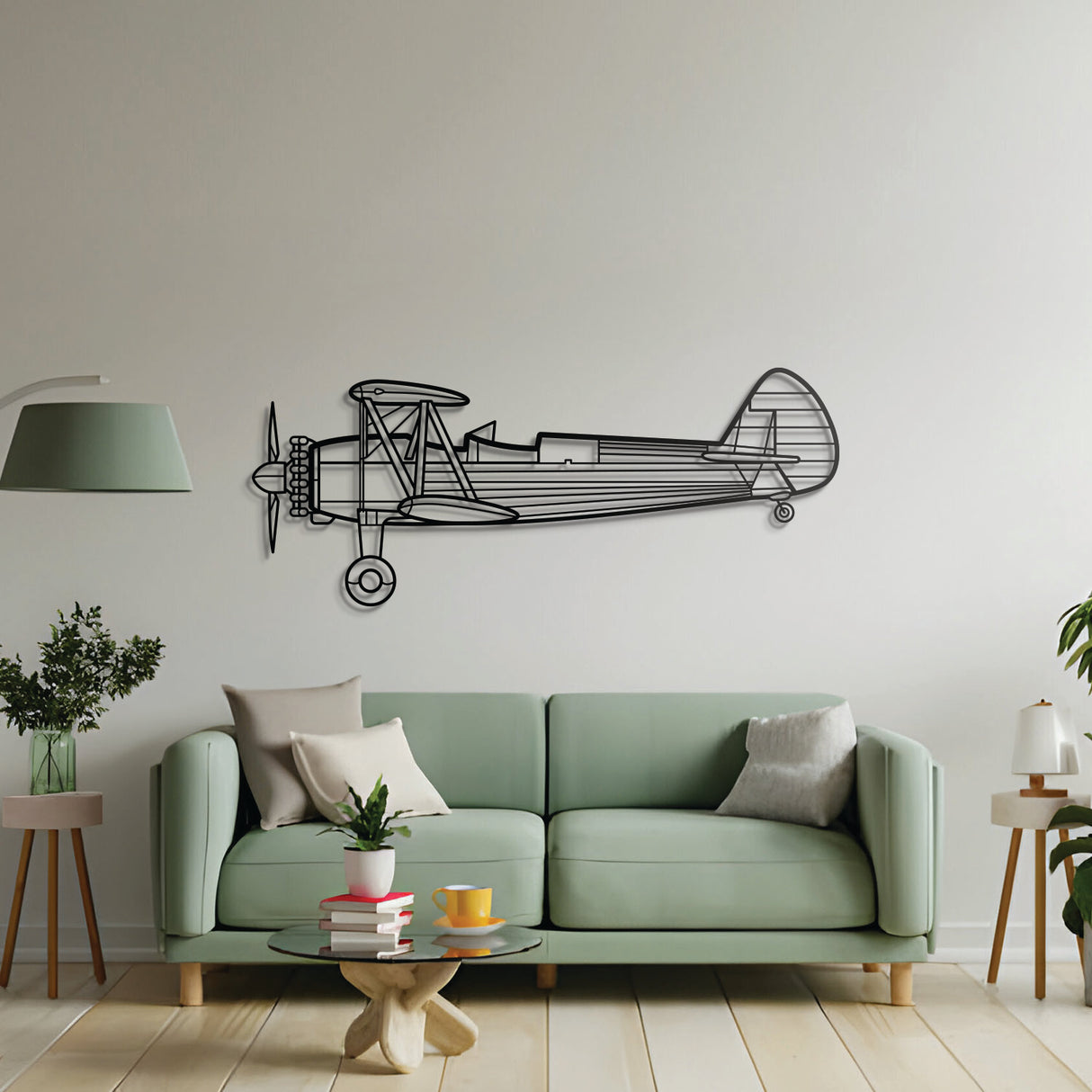 Stearman 75 biplane silhouette wall art – minimalist steel aviation décor for enthusiasts