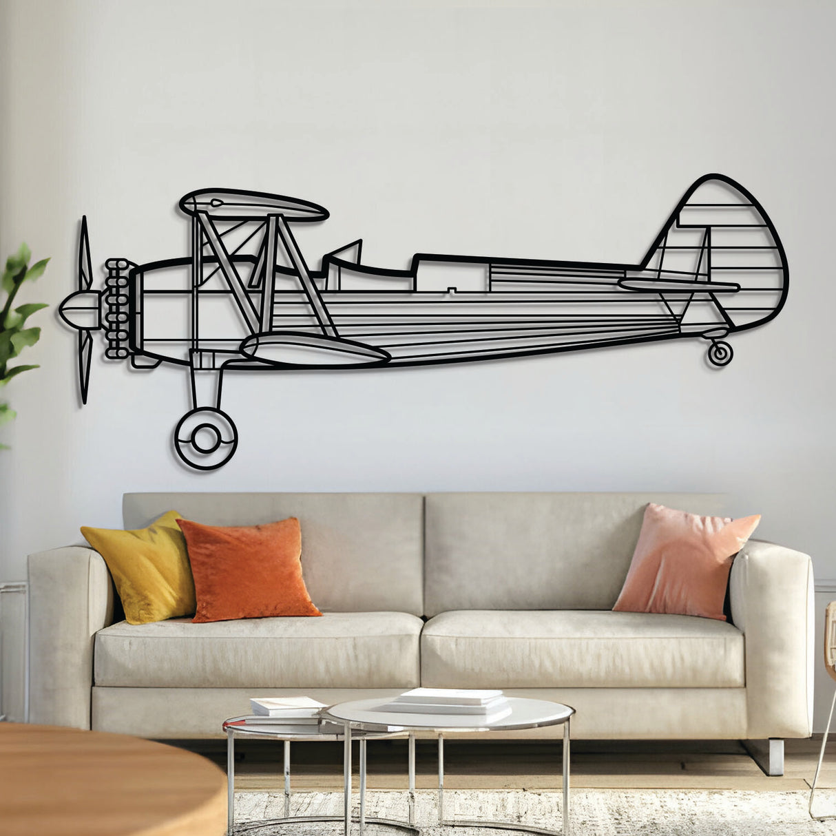 Stearman Model 75 biplane metal wall art – laser-cut matte black steel silhouette of classic trainer
