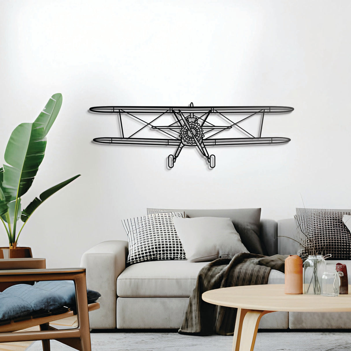 Boeing Stearman 75 trainer aircraft metal wall décor – minimalist front-facing biplane design