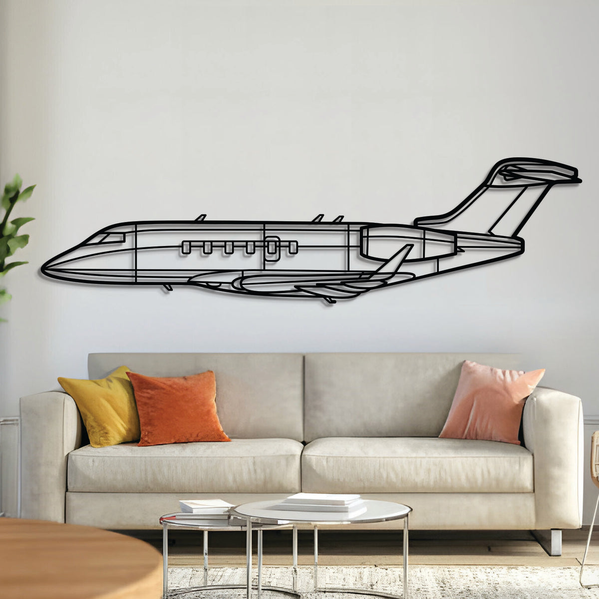 Bombardier Challenger 350 business jet silhouette — laser-cut matte-black steel wall art with a 3D floating effect
