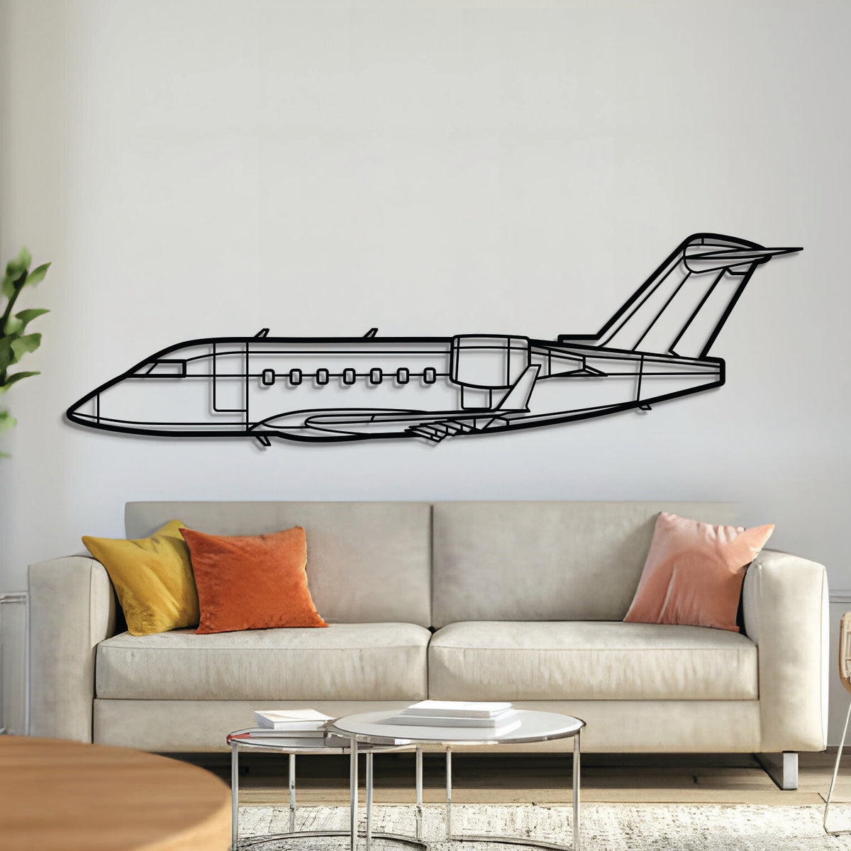 Matte-finish laser-cut Bombardier Challenger 604 jet silhouette metal wall art