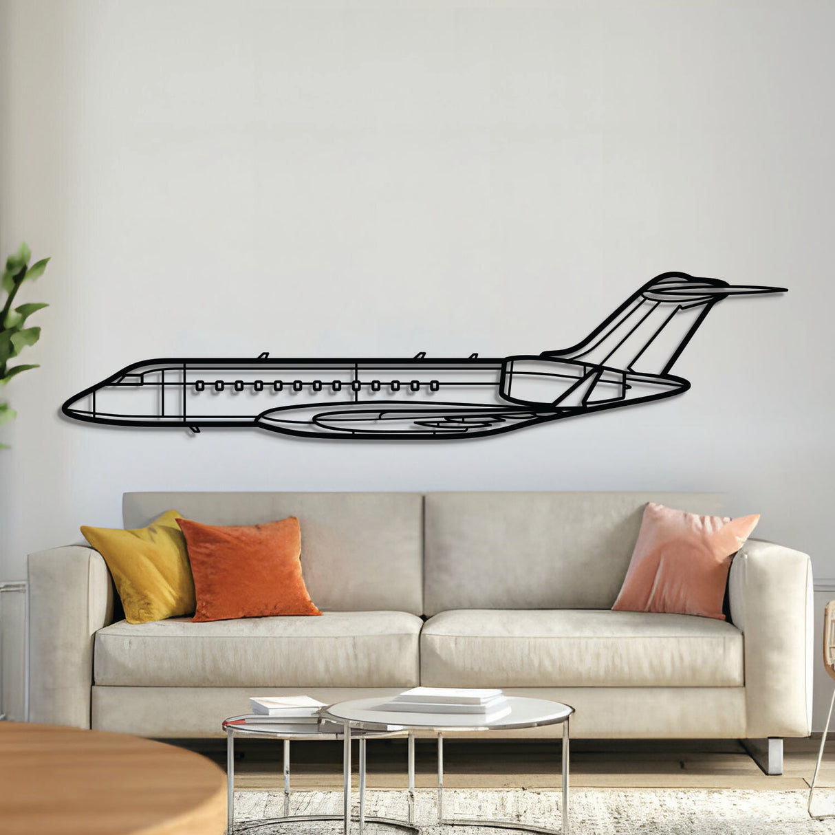 Bombardier Global 6000 ultra-long-range business jet silhouette – laser-cut 2 mm steel with textured matte powder-coat finish, ready to hang