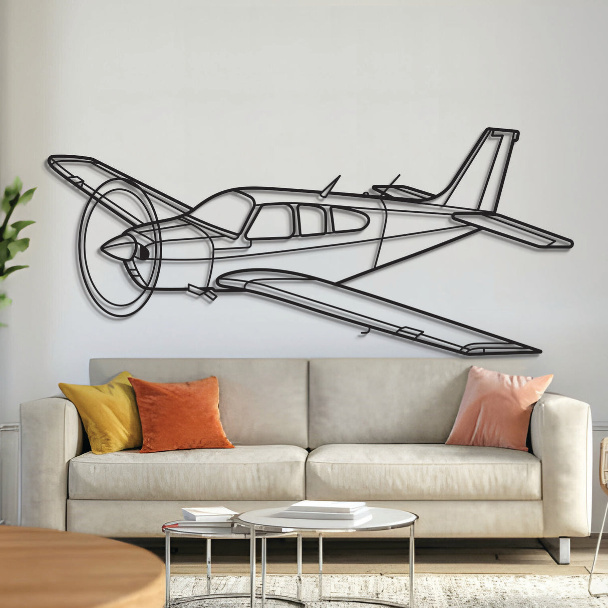 Bonanza F33C aerobatic aircraft angle metal wall art – laser‑cut 2 mm steel with textured matte finish and 3D elevation screws