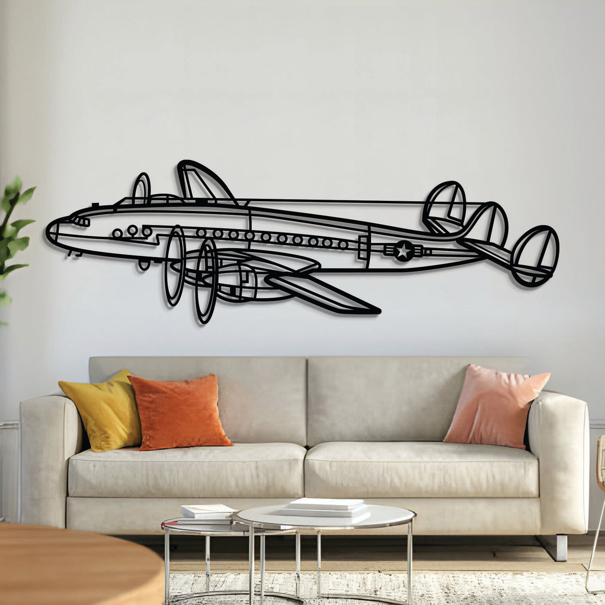 Lockheed C‑121A Constellation angle‑view metal aircraft wall art, laser‑cut 2 mm steel with matte textured finish and 3D elevation