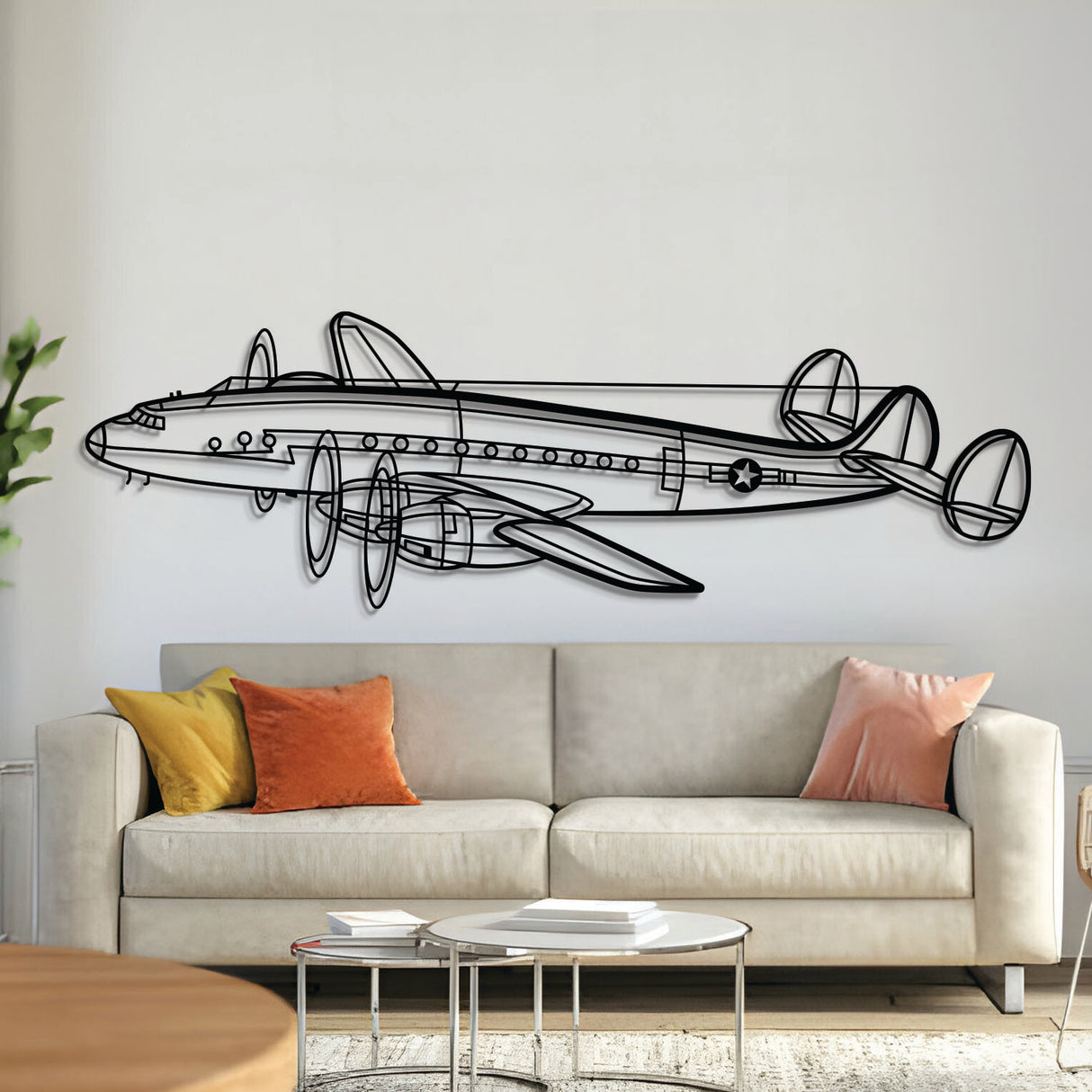 C‑121A Constellation metal aircraft wall art in 2 mm laser-cut steel with matte powder-coated textured finish and 3D elevation screws